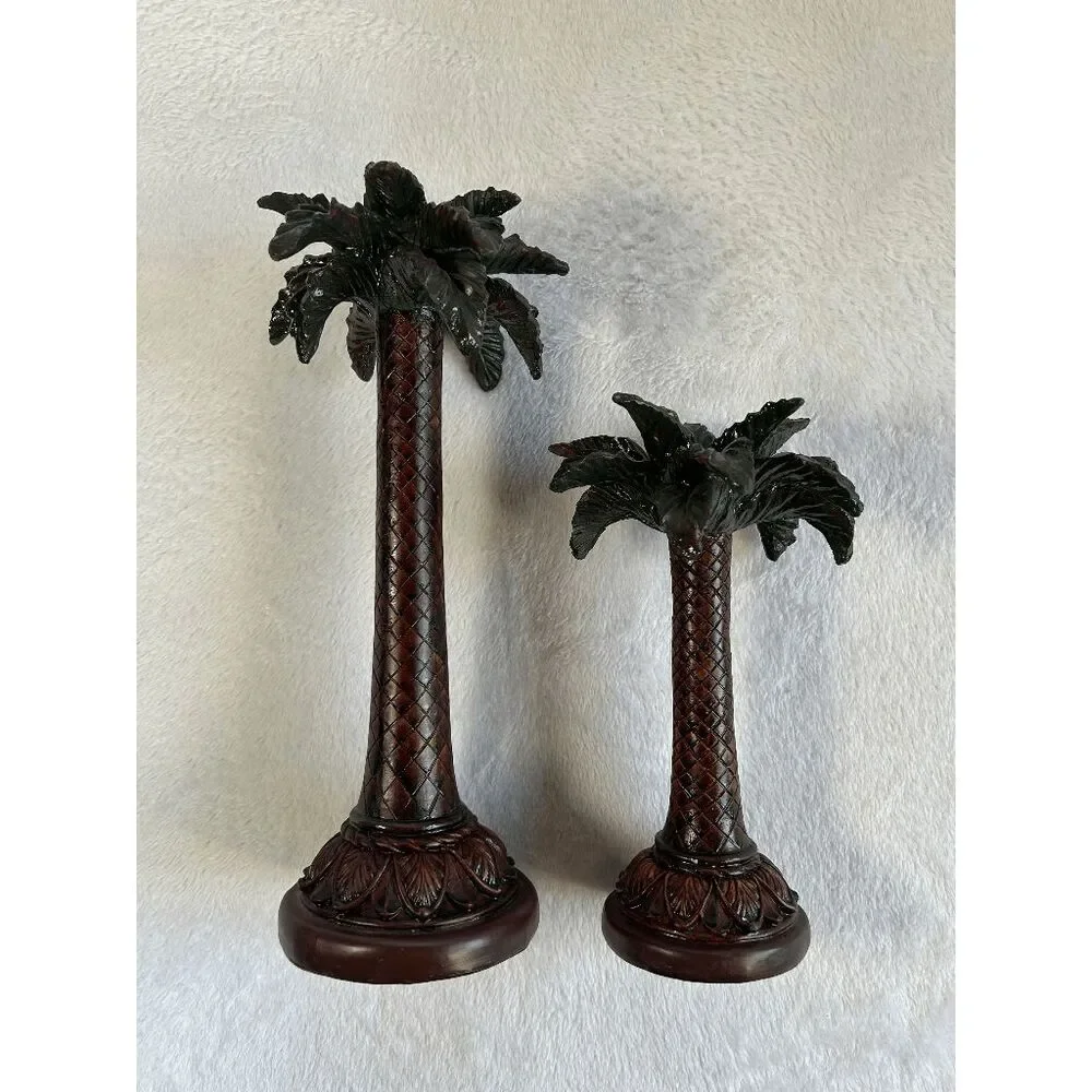 Resin Art Deco Tropical Palm Tree Candle Holders Set, Woven, Heavy, 14